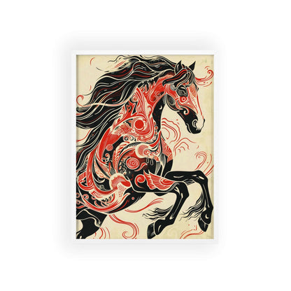 wild horse poster, animal art, bold design, black and red, wildlife decor, intricate patterns, majestic horse, nature illustration, wall art, dynamic artwork