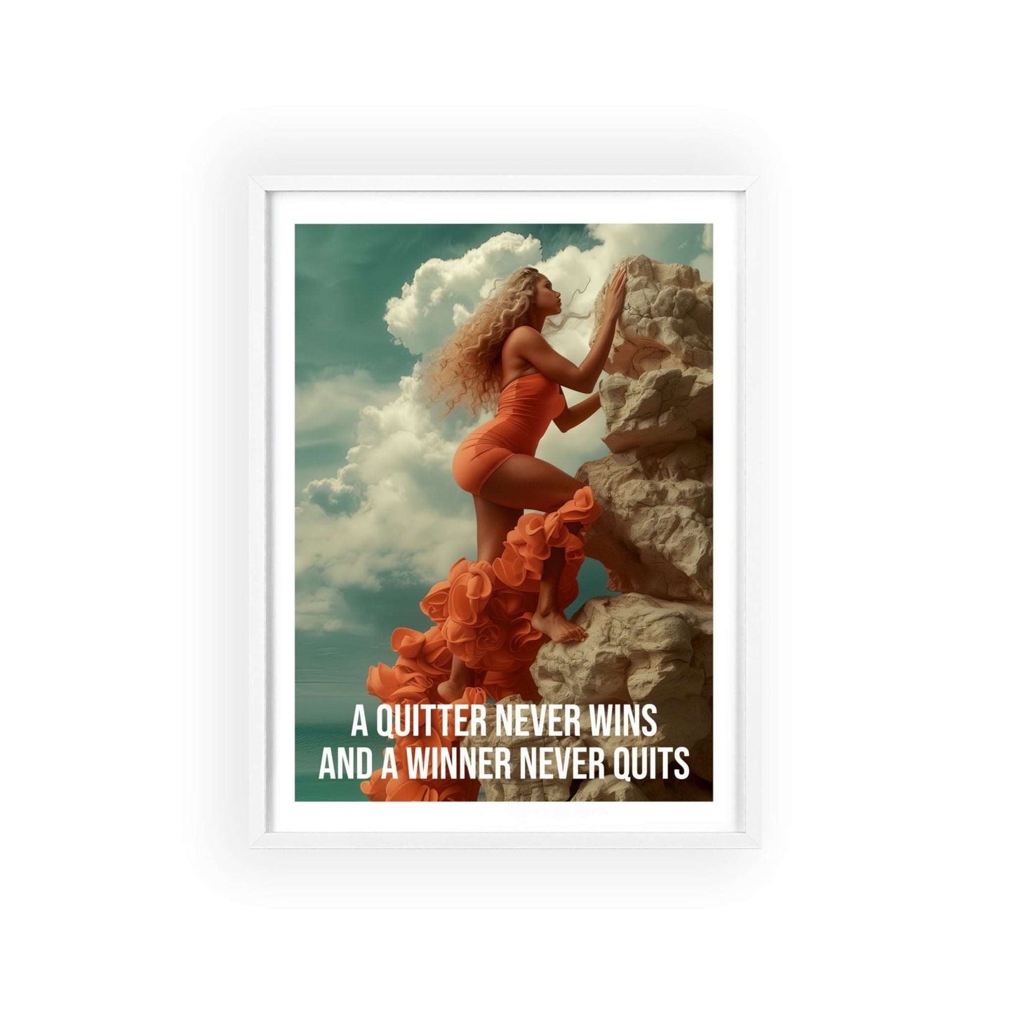 Woman scaling a rock face, gaze fixed on the summit, motivational quote "A Quitter Never Wins" by Napoleon Hill