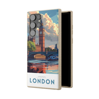 Stylish biodegradable phone case featuring a minimalist London-themed travel poster design.