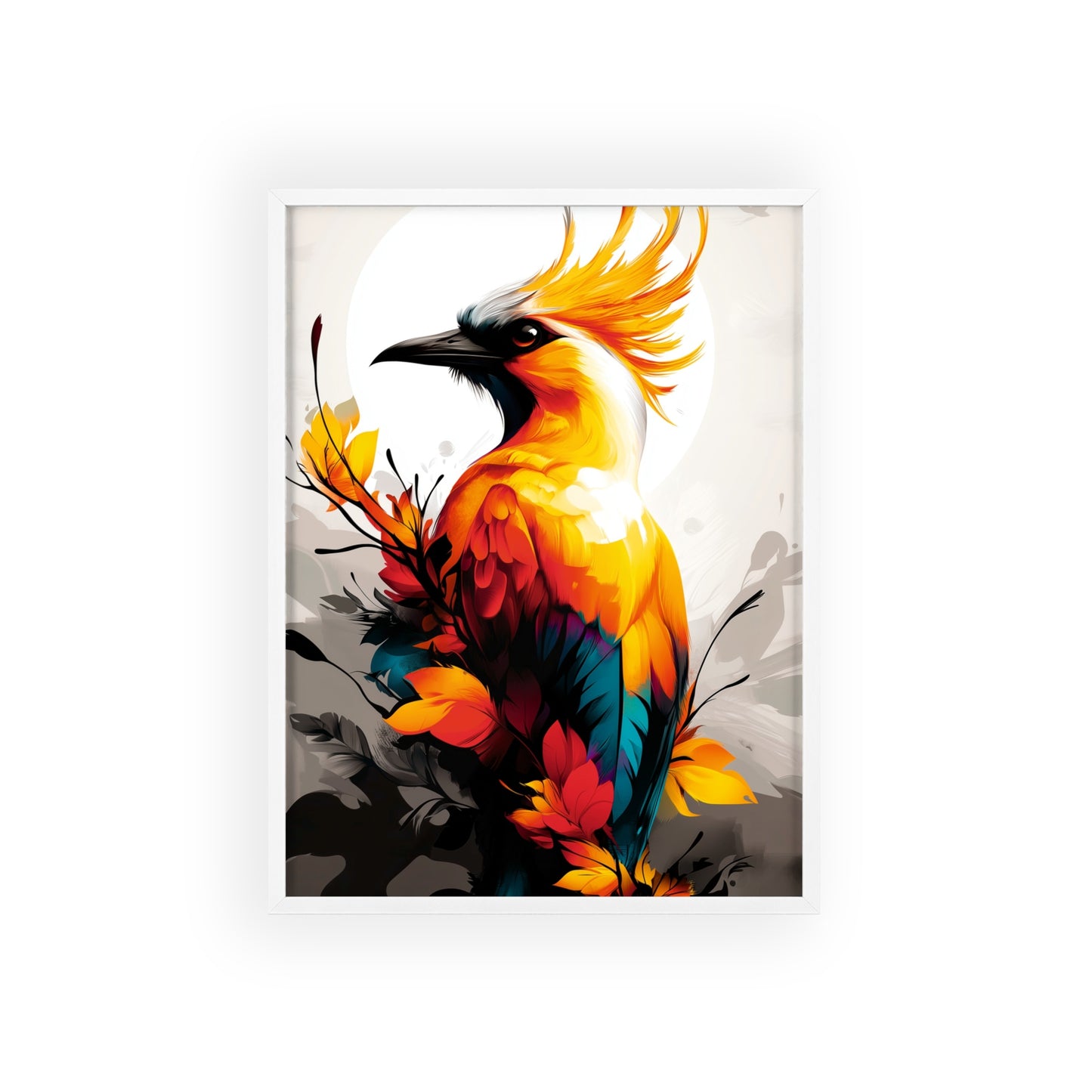 Striking digital illustration of a mystical hoopoe with abstract shapes and vibrant colors, featuring its distinctive crest, part of the Mystical Beasts Collection framed poster series.