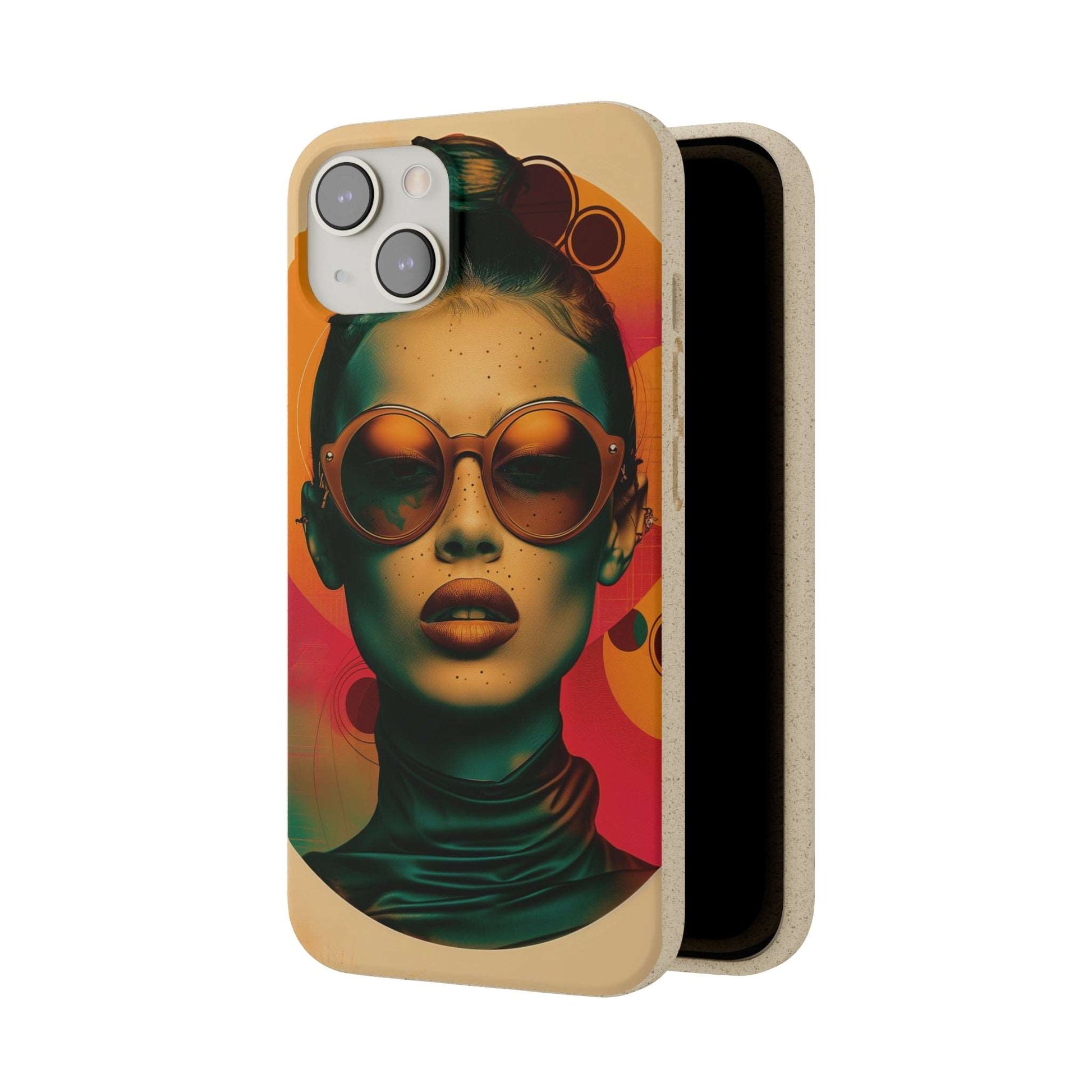 Biodegradable phone case featuring a Havana-inspired retro portrait in warm tropical hues, compatible with iPhone and Samsung models.