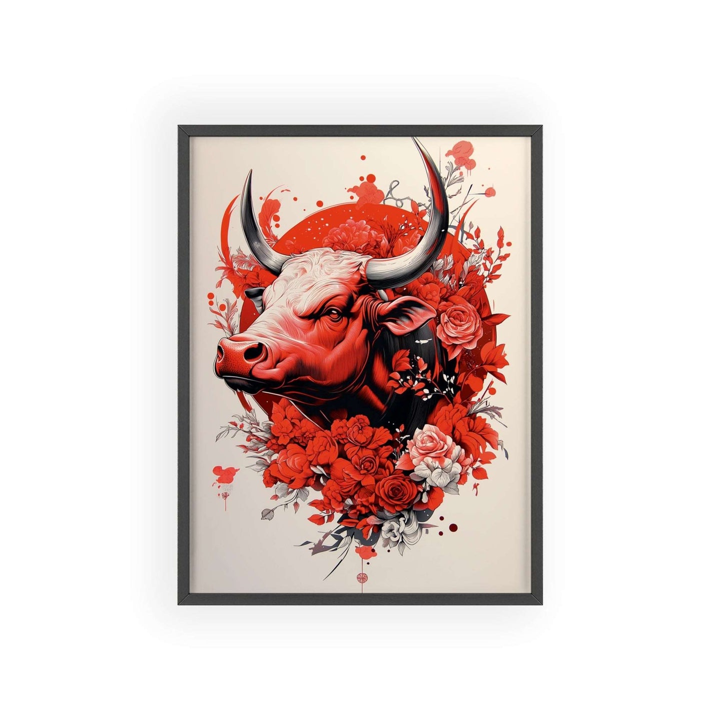 Framed poster featuring a stylized bull surrounded by red flowers