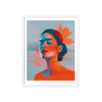 Framed poster featuring a high-resolution, minimalist portrait of Frida Kahlo with closed eyes. The portrait uses a double exposure effect with a background of orange and blue gradient leaves. The artwork is in a flat design style with smooth lines and geometric shapes.