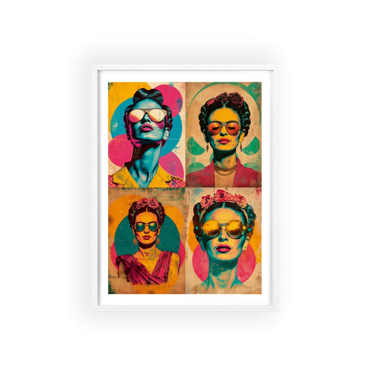Framed poster featuring a four-panel pop art collage of Frida Kahlo in various poses. Each panel depicts Frida with sunglasses, flowers, and bold outlines against a colorful background. The artwork uses focus stacking and neopop iconography, creating a dynamic composition.