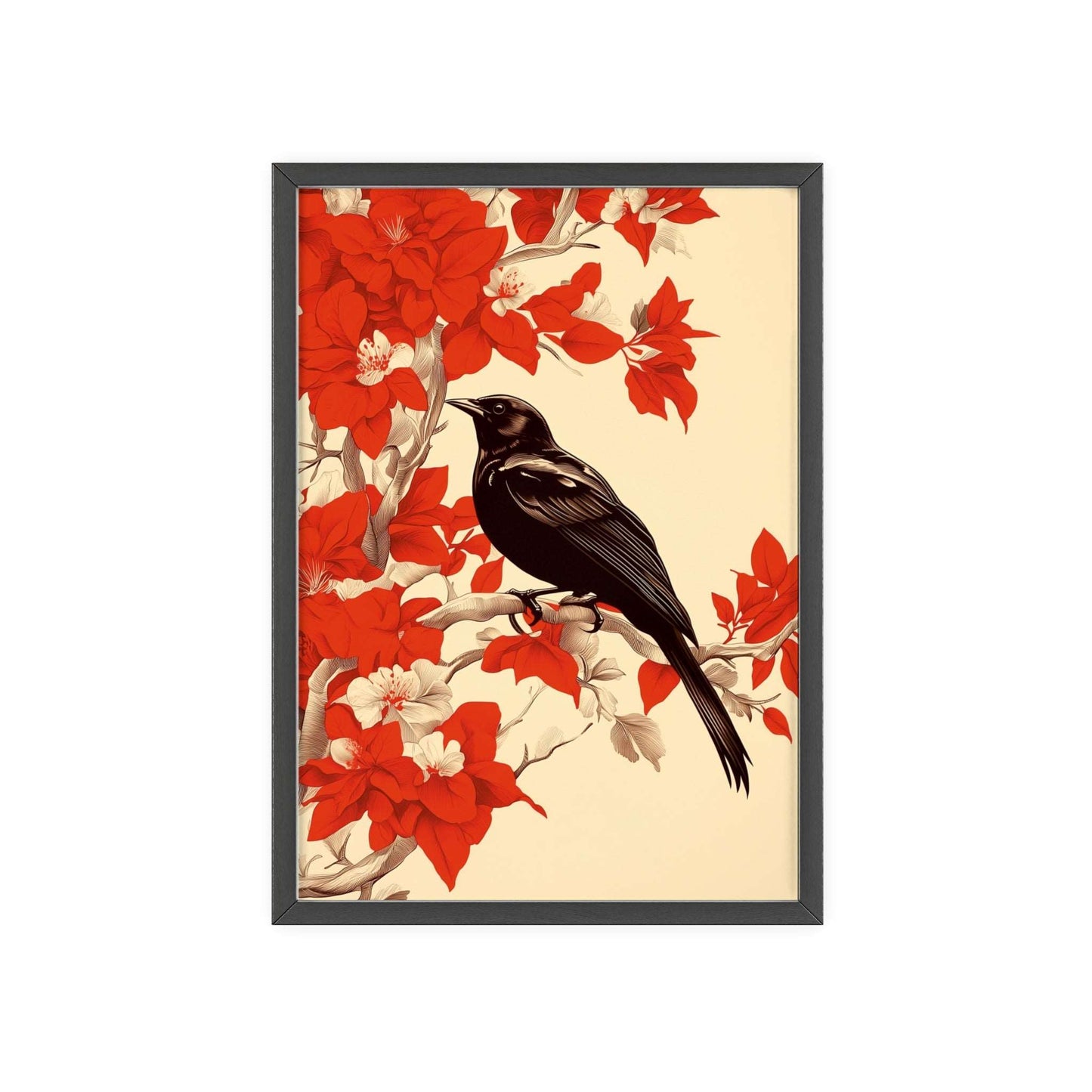 Framed poster of a stylized blackbird amidst vibrant red flowers.