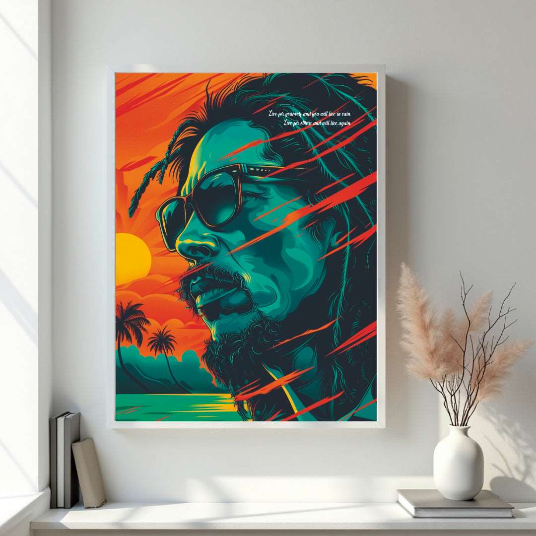 Energize your walls with this stunning Portrait Poster featuring Bob Marley's inspiring quote: "Live for yourself and you will live in vain, live for others and you live again."