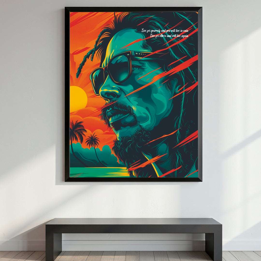 Energize your walls with this stunning Portrait Poster featuring Bob Marley's inspiring quote: "Live for yourself and you will live in vain, live for others and you live again."