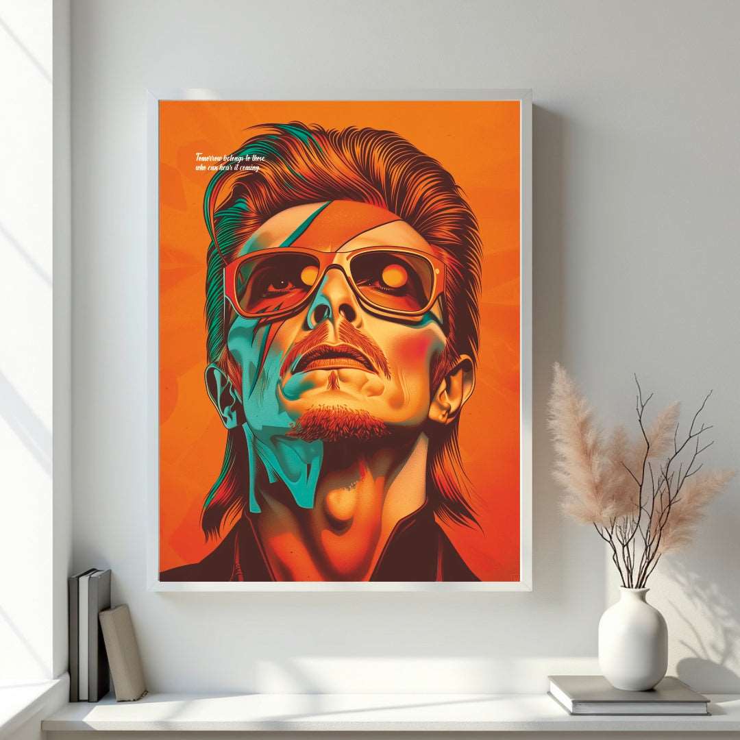 Embrace the inspirational words of David Bowie with our portrait poster. Featuring his iconic quote, "Tomorrow belongs to those who can hear it coming"