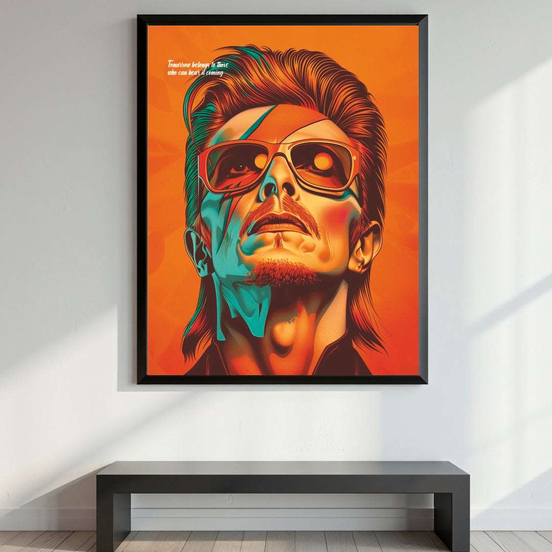 Embrace the inspirational words of David Bowie with our portrait poster. Featuring his iconic quote, "Tomorrow belongs to those who can hear it coming"