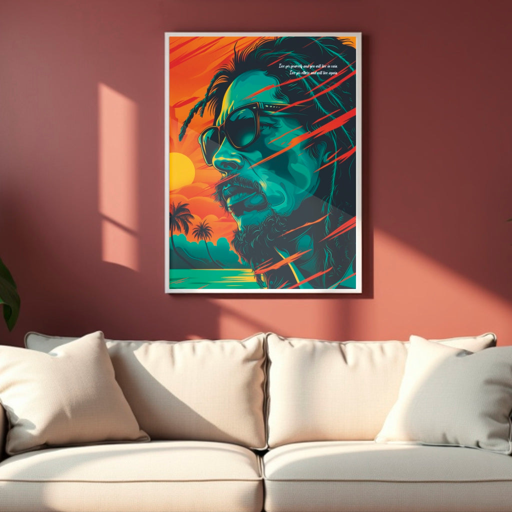 Energize your walls with this stunning Portrait Poster featuring Bob Marley's inspiring quote: "Live for yourself and you will live in vain, live for others and you live again."