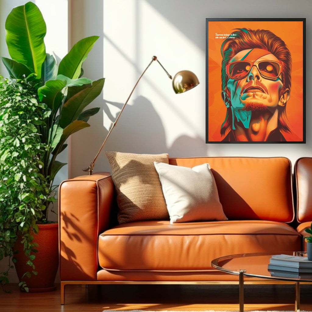 Embrace the inspirational words of David Bowie with our portrait poster. Featuring his iconic quote, "Tomorrow belongs to those who can hear it coming"